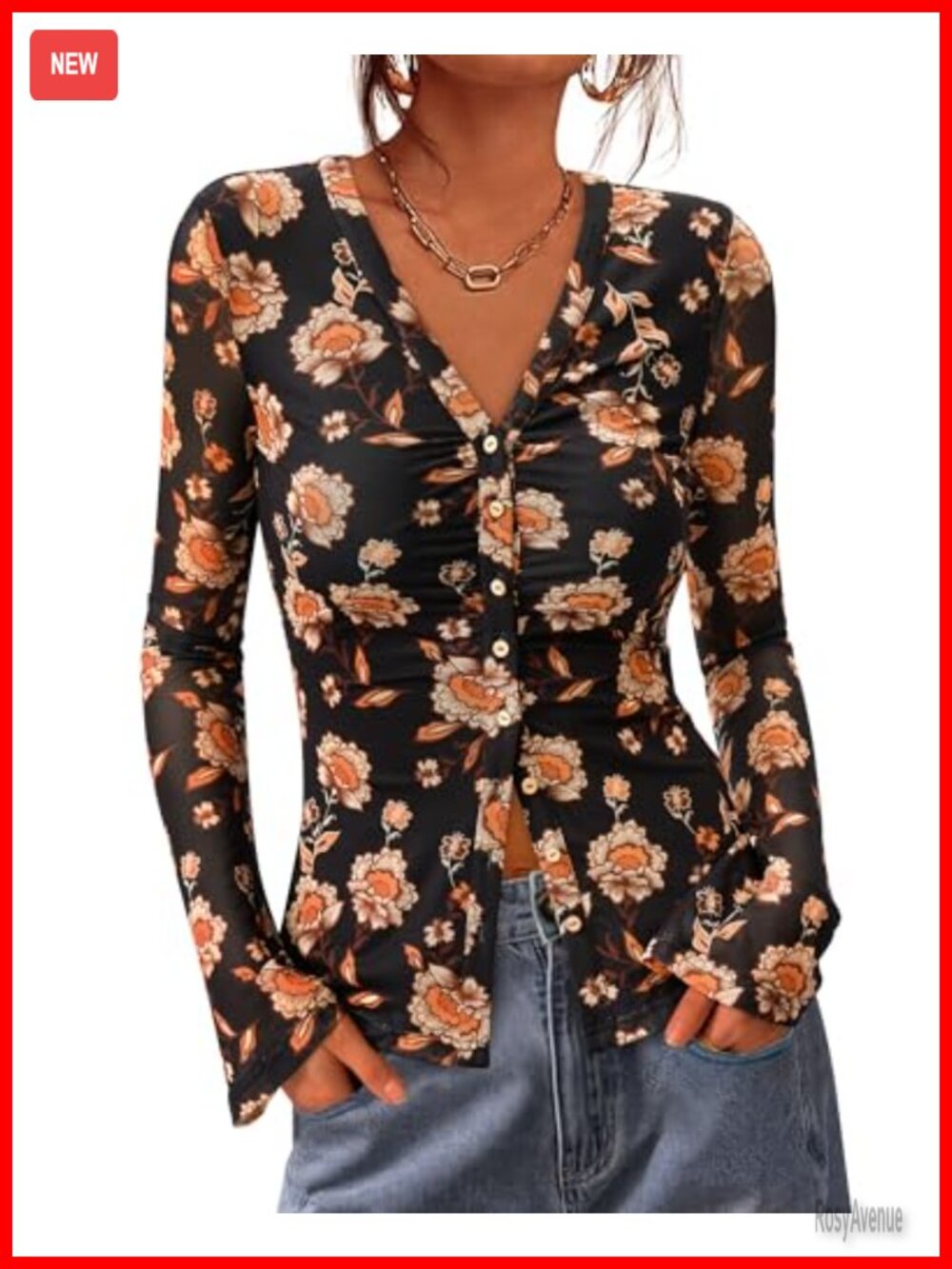 Women's Sheer Bell Sleeve Boho Button Down Shirt Floral Mesh Top